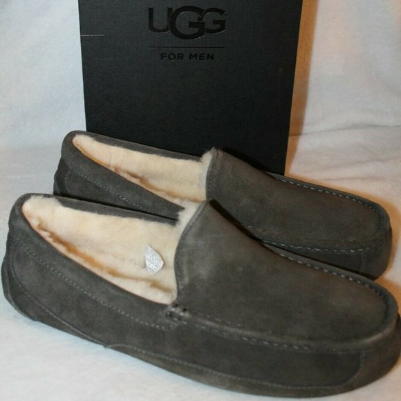 NIB UGG MEN'S ASCOT SUEDE SHEARLING SLIP ON SLIPPERS GRAY‎ - Picture 1 of 8